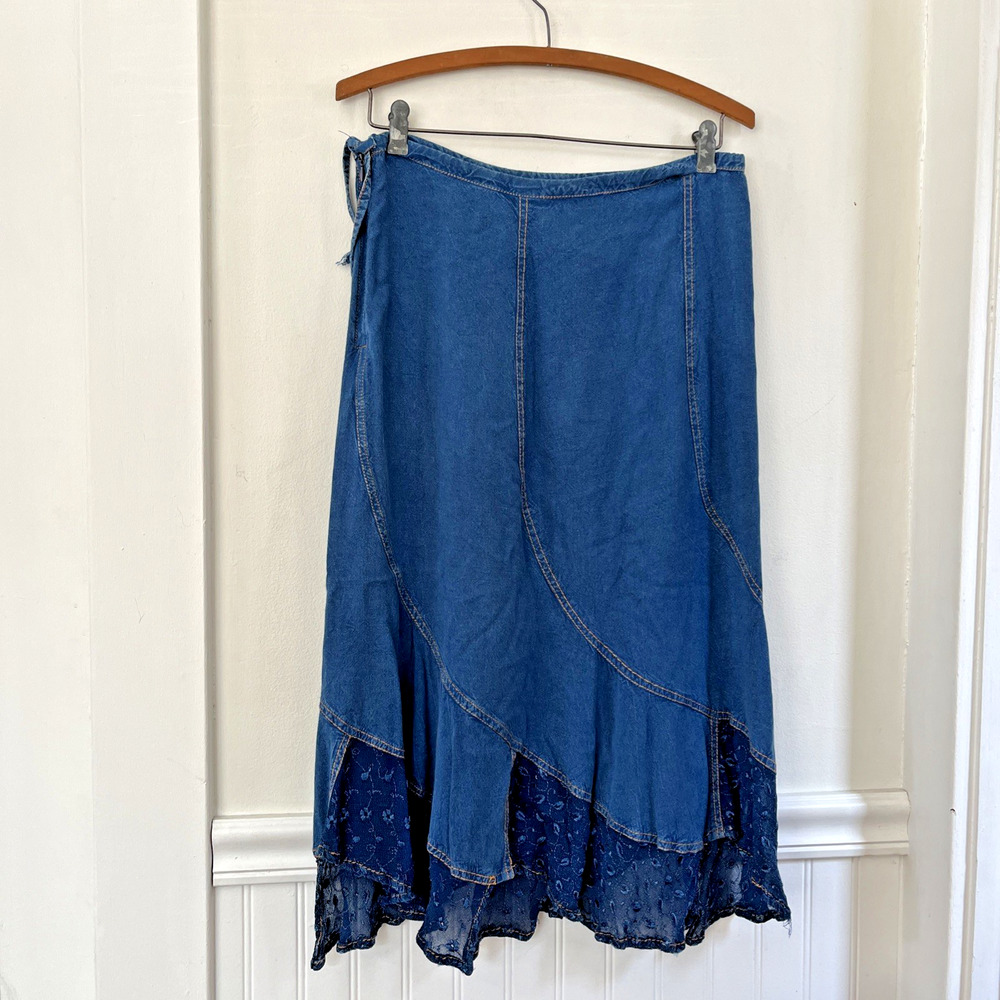 Sacred Threads Hippie Boho Blue Demmin Like Lace Hem Skirt Rayon SZ SM - Picture 3 of 8